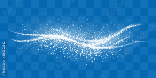 Transparent overlay with white snow dust particles and glowing sparkles. Abstract translucent design element with bokeh, wind snow swirls, sparkling frost effect. Vector illustration