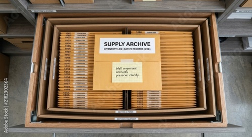 Obraz w ramie Top view of supply archive box with organized documents and labels