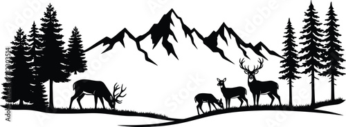 Nature Adventure Silhouette Design Featuring Mountains and Wildlife