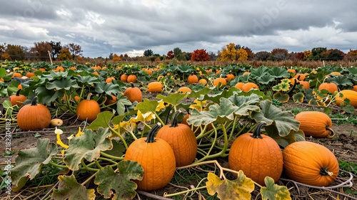 Pumpkin Patch Under Cloudy Autumn Sky