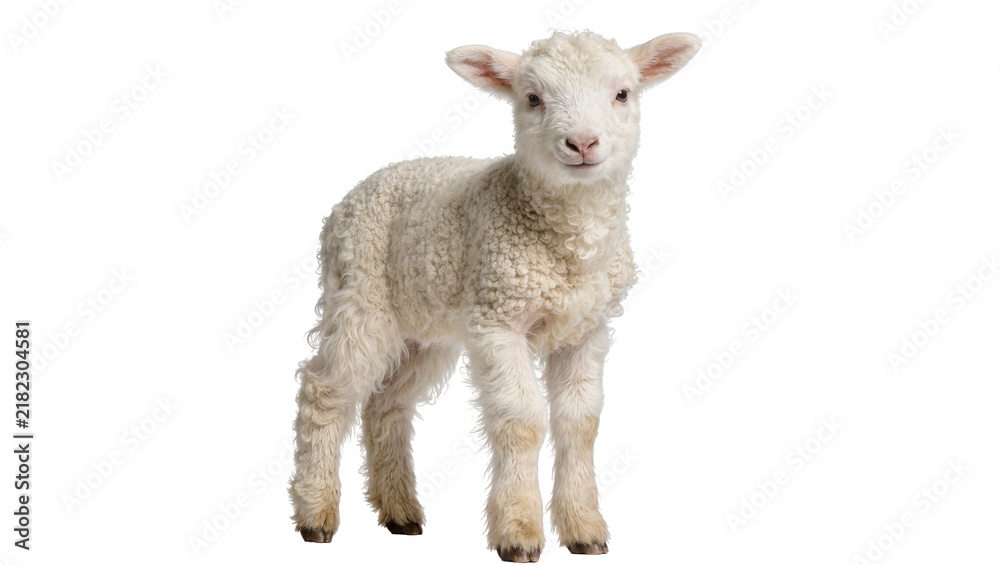 Fototapeta premium Fluffy white lamb standing, isolated on transparent background