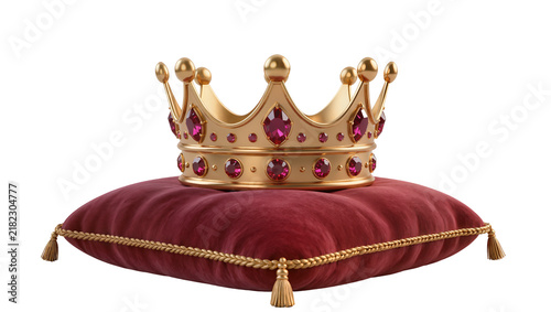 Bild auf Leinwand Ornate golden crown with ruby gems on velvet cushion, isolated on transparent ba