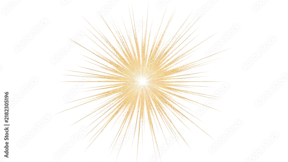 Fototapeta premium Golden starburst with radiating thin lines and central bright glow isolated on a transparent background