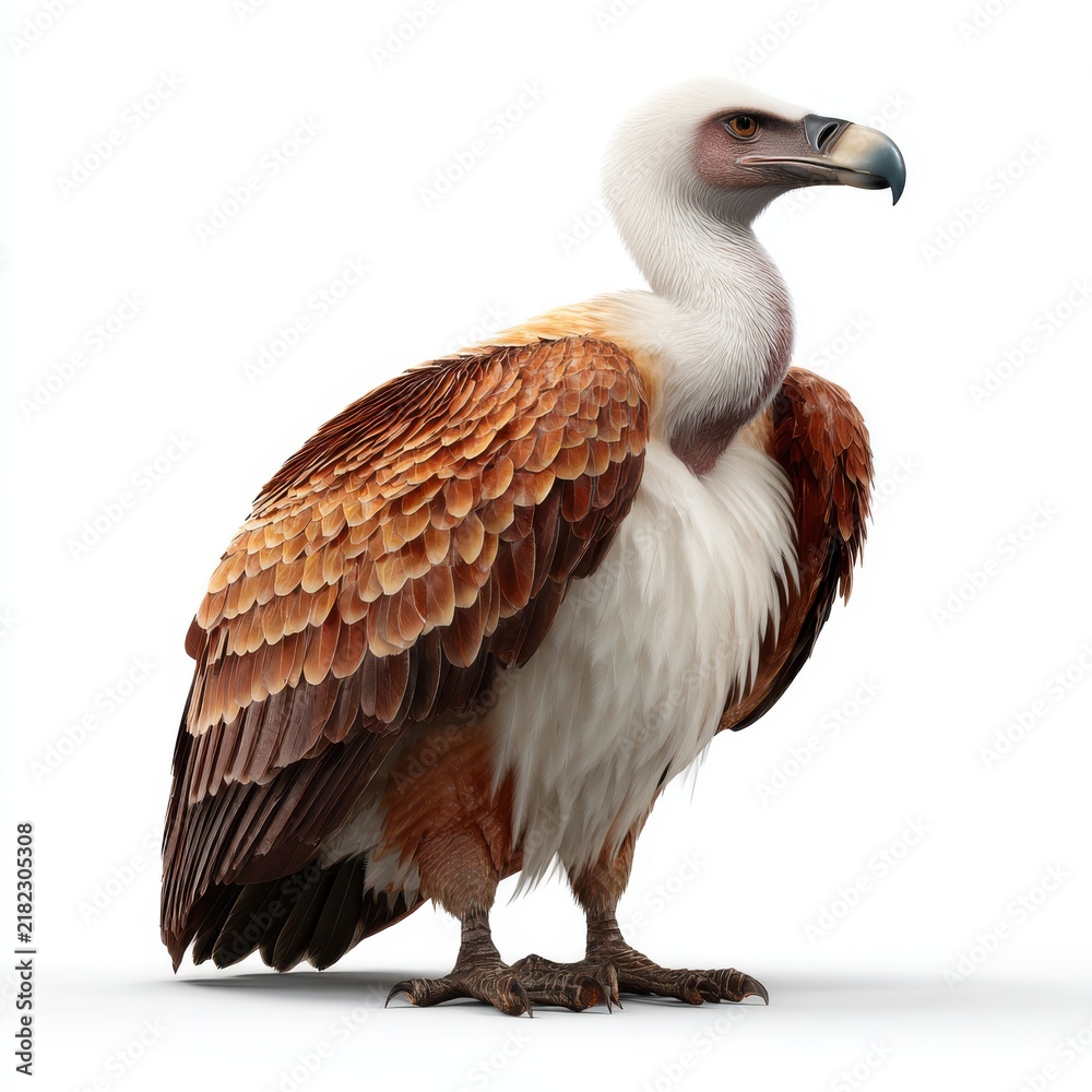 Obraz premium Full Body Side View Of A Griffon Vulture With Detailed Brown And White Plumage On White Background