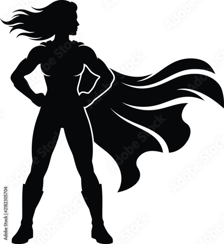 Silhouette of a Powerful Superhero Woman with a Flowing Cape