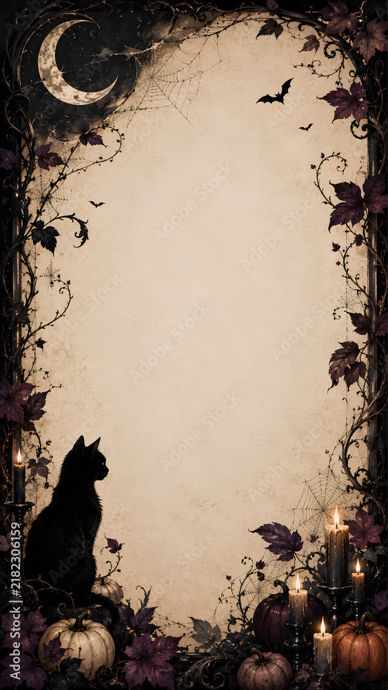 Fototapeta premium grunge background with frame, Vintage Gothic Halloween Frame with Black Cat, Moon, Candles and Pumpkins