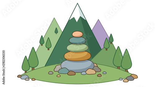 Balanced zen stone stack in mountain landscape.