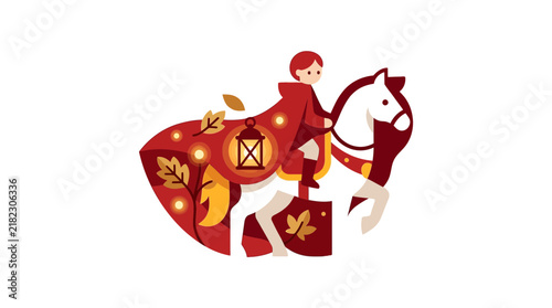 Character in red cloak riding a white horse.