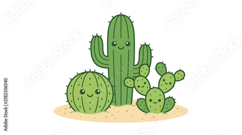 Three cute smiling green cacti on sandy ground.