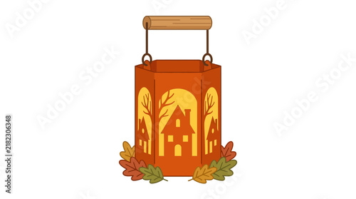 Orange lantern with house silhouette and fall leaves.