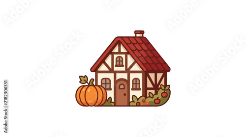 Cozy autumn cottage with pumpkin on white background