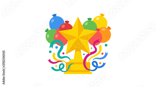 Golden star trophy with festive colorful balloons.