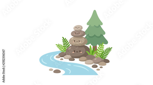 Cute stacked stones with smiley faces by a forest river
