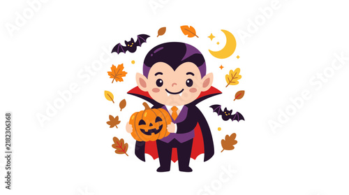 Cute cartoon vampire boy holding a pumpkin lantern