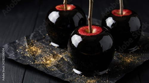Three gourmet black candy apples with wooden stick handles resting on black paper with gold glitter, dark and spooky Halloween dessert treats on a dark wooden background.