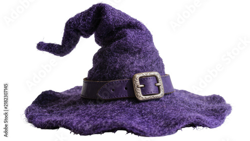 Obraz na plátně Purple felt witch hat with leather buckle, isolated on transparent background