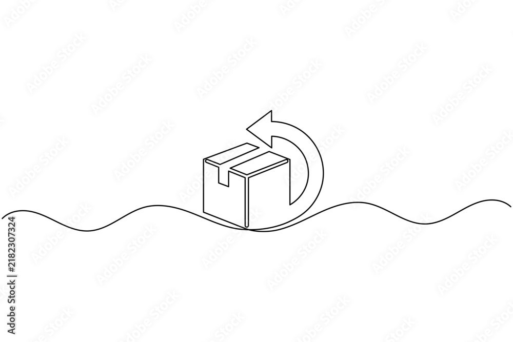 Obraz premium Carton box shipping packaging one line art return arrow refund service process minimal line illustration