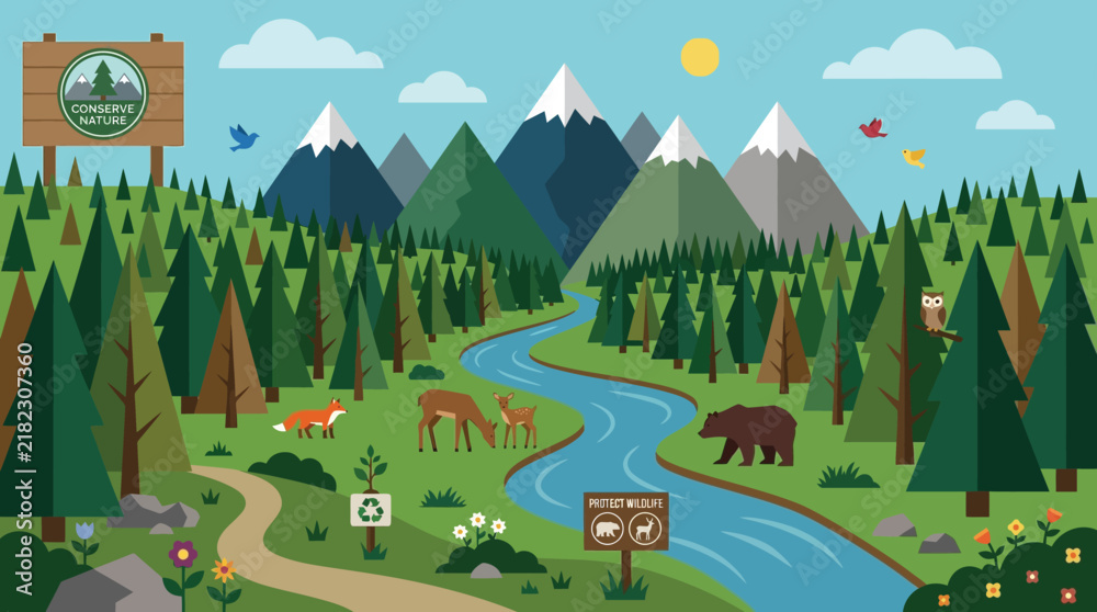 Obraz premium Flat illustration of a scenic national park with mountains, a river, evergreen forests, and diverse wildlife under a sunny sky