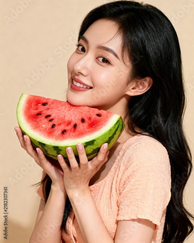 Smiling Young Woman Holding Juicy Watermelon Slice Portrait — Summer Fruit Snack Healthy Lifestyle