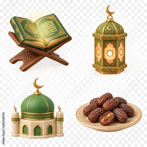 3D render Islamic elements set for Ramadan and Eid Mubarak.