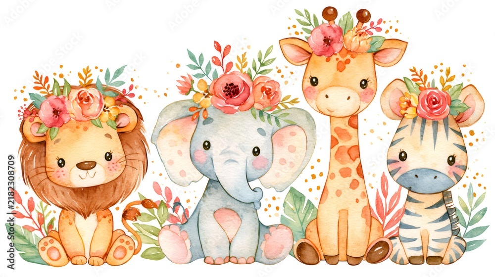 Obraz premium Cute safari animals wearing floral crowns in watercolor