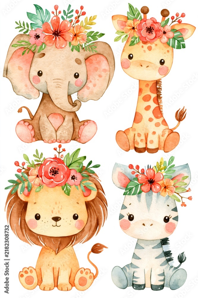 Obraz premium Cute safari baby animals wearing floral crown watercolor