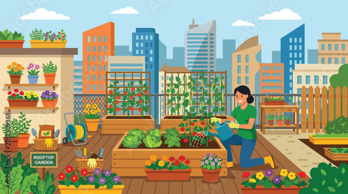 Urban Rooftop Gardening Oasis A Woman Tending to Lush Plants Amidst a Cityscape Illustration
