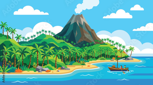 Tropical Island Paradise Featuring an Active Volcano with Lush Green Palm Trees and a Small Sailing Boat on Calm Blue Ocean Waters