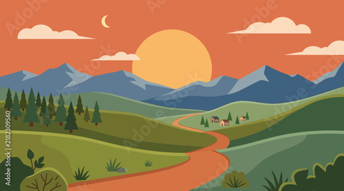 Vibrant illustration of a serene sunset over a picturesque landscape, featuring majestic mountains, rolling green hills, a winding path, and distant homes