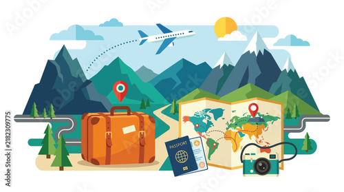 Travel and adventure flat vector illustration with suitcase, map, passport, camera and airplane flying over mountains