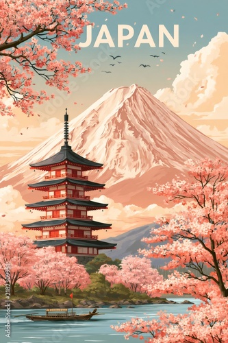 Japan travel poster with mount fuji and cherry blossoms