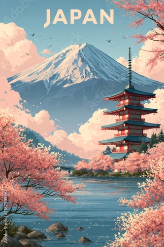 Japan travel poster with mount fuji, pagoda and cherry blossoms
