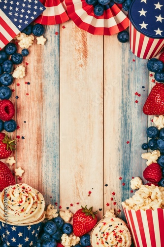 Independence day patriotic party food frame on wood