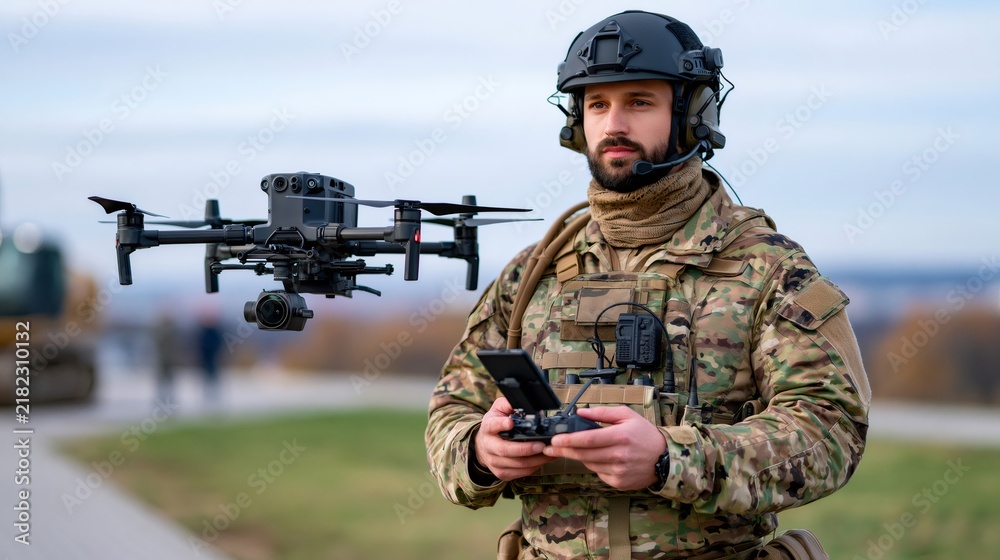 Obraz premium Soldier operating drone for surveillance and security operations