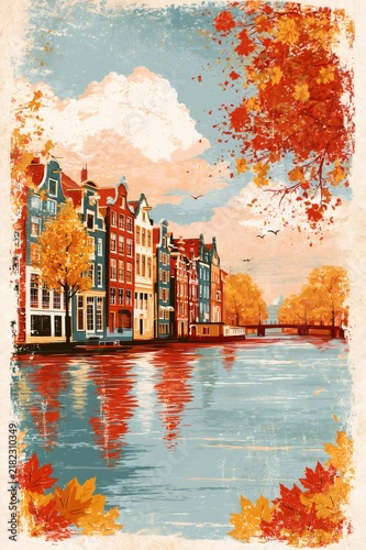 Amsterdam canal houses during autumn vintage travel illustration