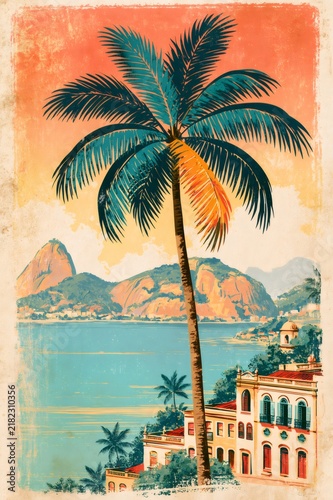 Rio de janeiro cityscape with sugarloaf mountain and palm tree