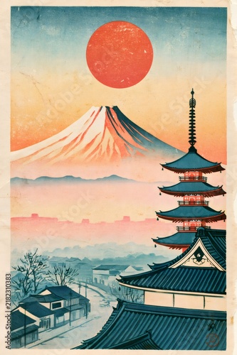 Mount fuji and pagoda in traditional japanese woodblock art