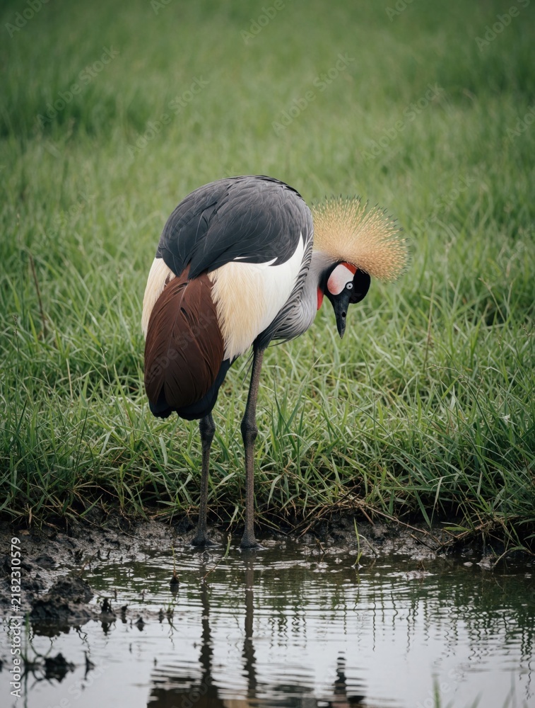 Obraz premium Grey crowned crane stands at water edge in lush green grass field. Bird dips head down near murky pond reflecting sky. Unique avian with golden crest and red neck markings.