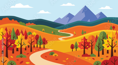 Autumn landscape illustration featuring winding country road rolling hills colorful fall trees and mountain peaks