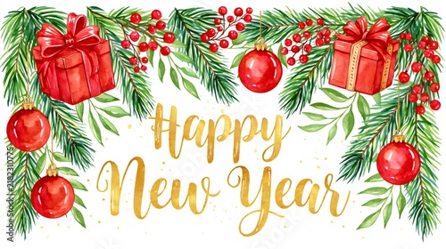 Happy new year golden text with watercolor christmas border