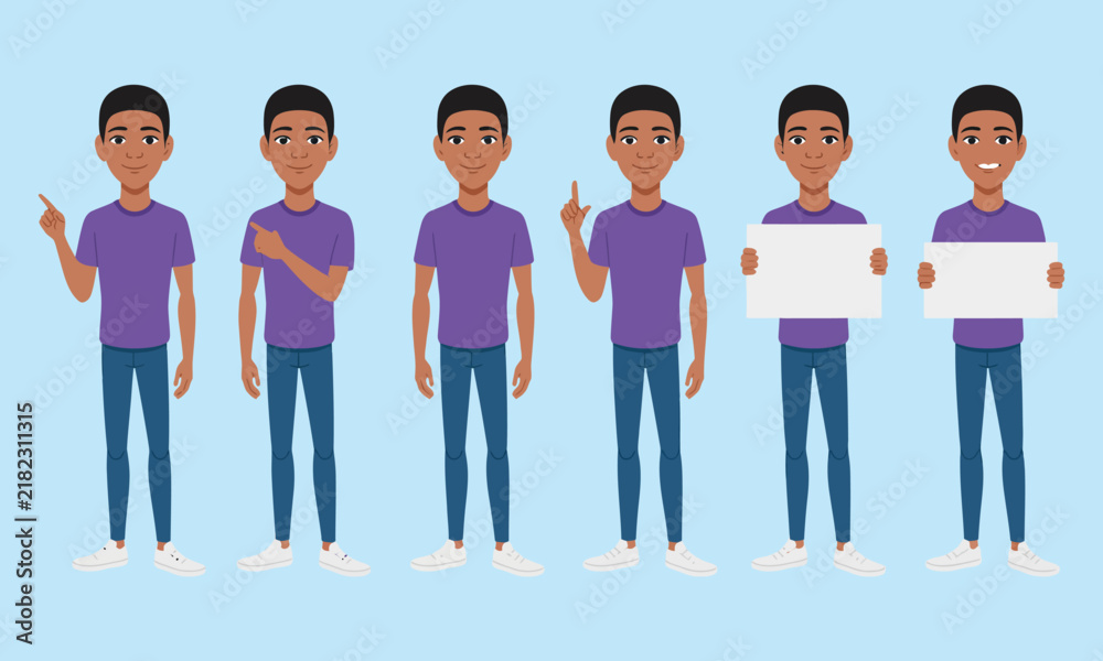 Fototapeta premium Young man in purple t-shirt and blue jeans displaying various gestures and holding blank white boards on light blue background