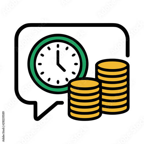 Illustration of Time and Money Management with Speech Bubble and Stacked Coins