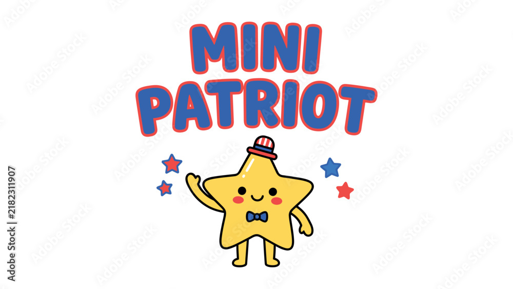 Fototapeta premium Cute cartoon star character wearing a patriotic hat with stars and lettering