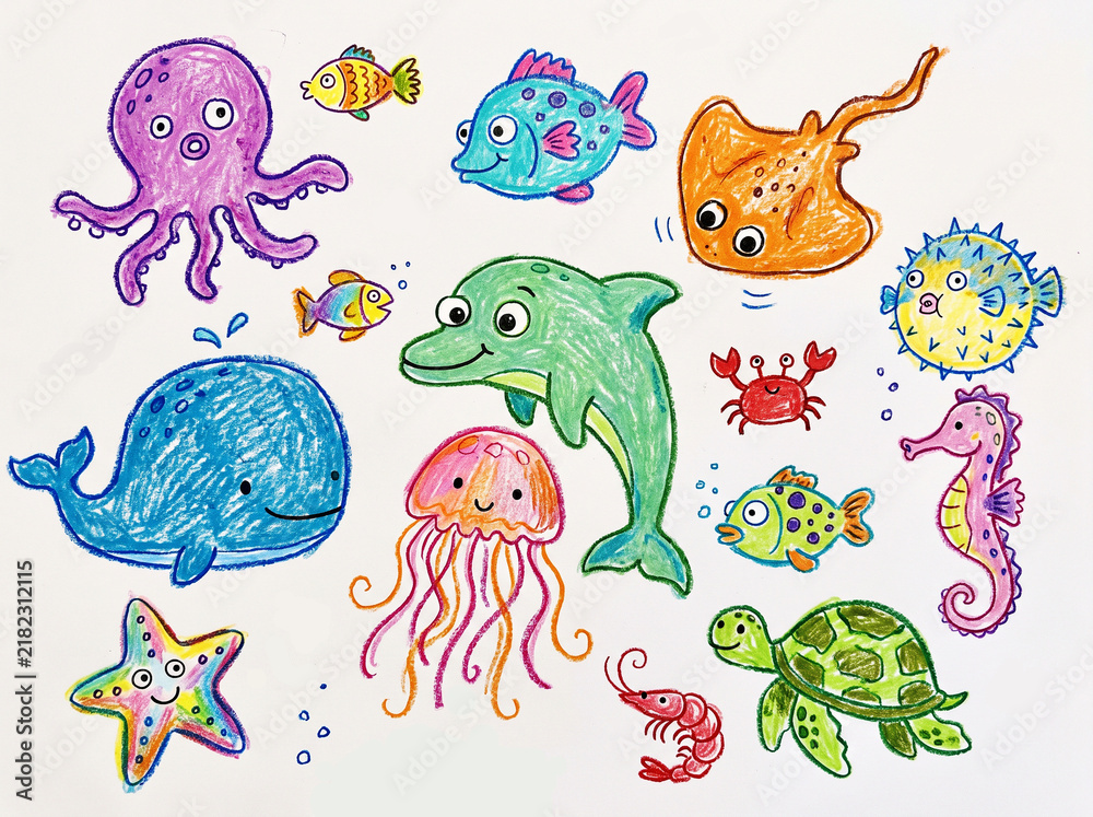 Obraz premium Cute hand drawn cartoon sea animals and ocean creatures collection