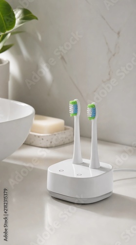 Brosses à dents électriques modernes sur leur socle de recharge dans une salle de bains lumineuse.