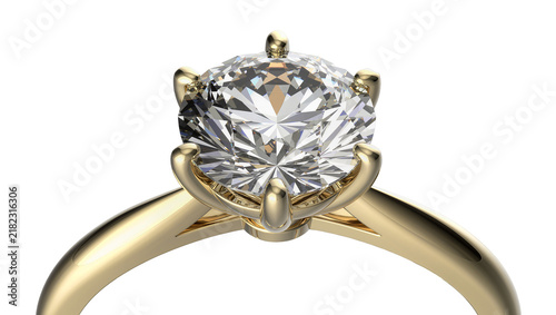 Bild auf Leinwand Sparkling round cut diamond engagement ring with gold band, isolated on transpar