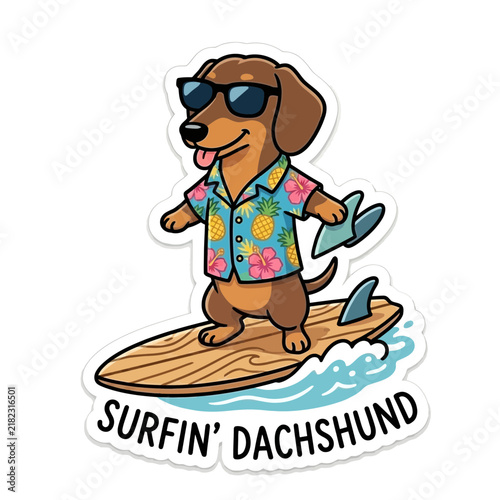 Cool dachshund dog surfing on wooden surfboard wearing tropical shirt and sunglasses.