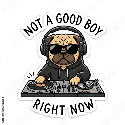 Cool Pug Dog DJ Wearing Headphones and Sunglasses Mixing Music on Turntables.