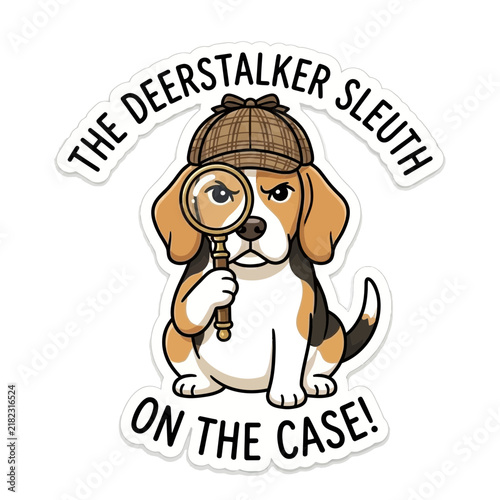 Cute Beagle Dog Detective Wearing Deerstalker Hat and Magnifying Glass.