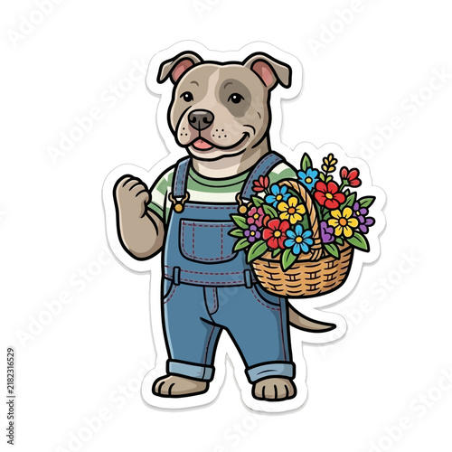 Cute Brown Dog Holding Basket of Colorful Flowers.